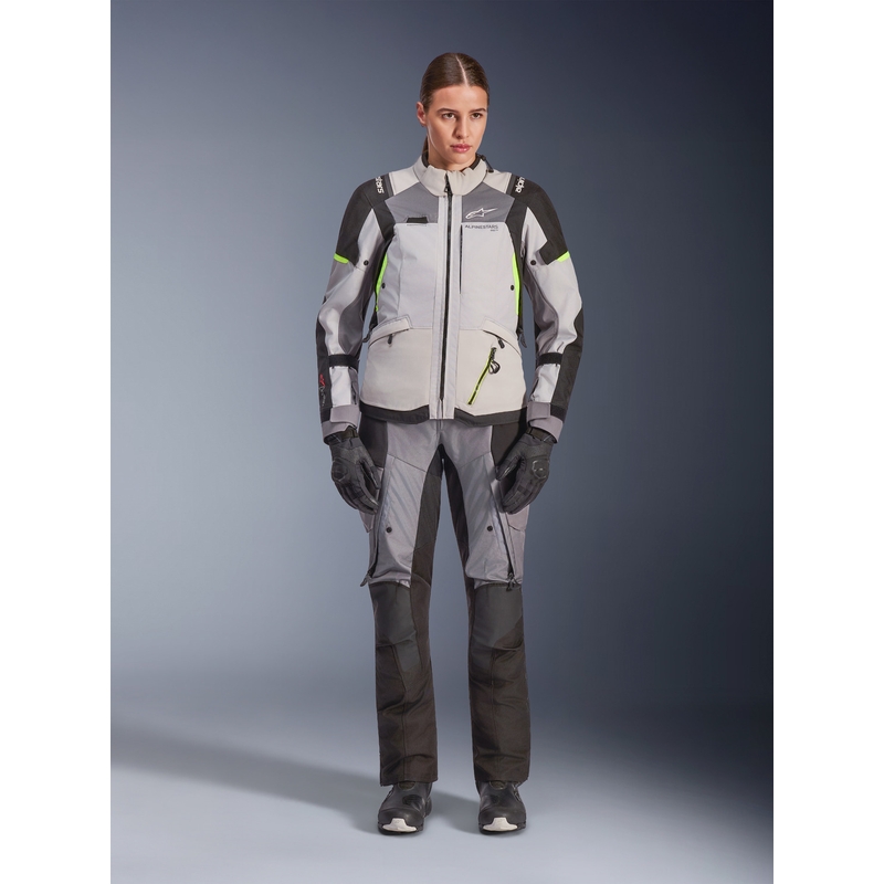 Chaqueta de moto Alpinestars Stella Andes V4 Drystar para mujer (gris oscuro, gris claro, negro y amarillo fluorescente)
