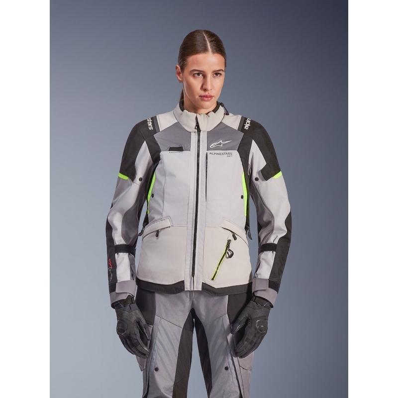 Chaqueta de moto Alpinestars Stella Andes V4 Drystar para mujer (gris oscuro, gris claro, negro y amarillo fluorescente)