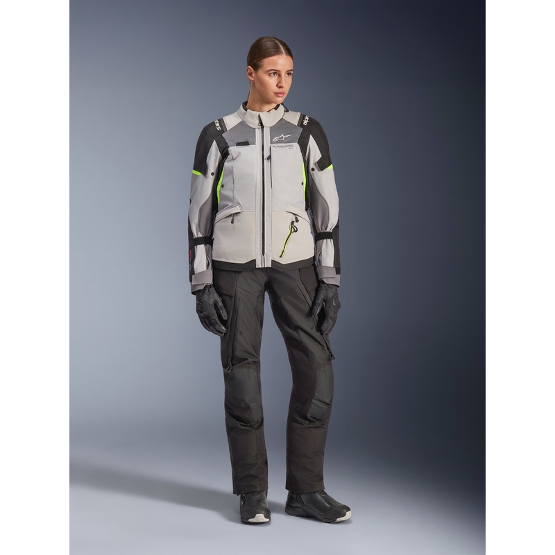Chaqueta de moto Alpinestars Stella Andes V4 Drystar para mujer (gris oscuro, gris claro, negro y amarillo fluorescente)