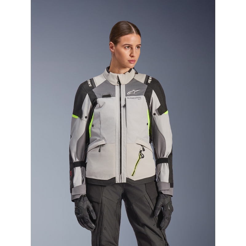 Chaqueta de moto Alpinestars Stella Andes V4 Drystar para mujer (gris oscuro, gris claro, negro y amarillo fluorescente)
