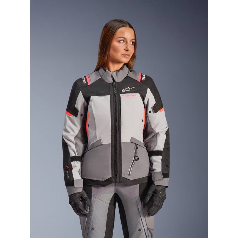 Chaqueta de moto Alpinestars Stella Andes V4 Drystar para mujer (gris oscuro, gris claro, negro y rojo)
