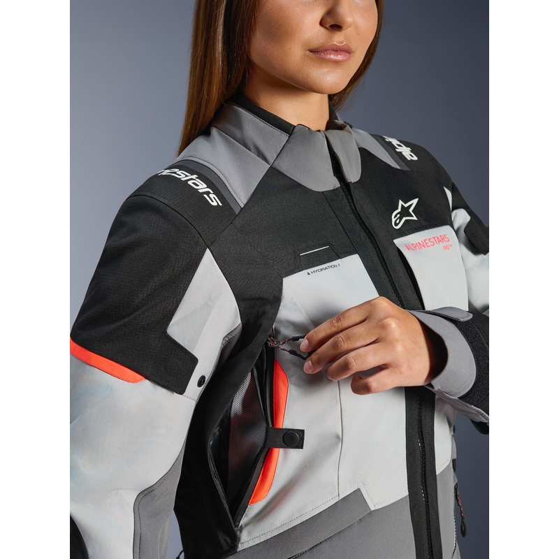 Chaqueta de moto Alpinestars Stella Andes V4 Drystar para mujer (gris oscuro, gris claro, negro y rojo)