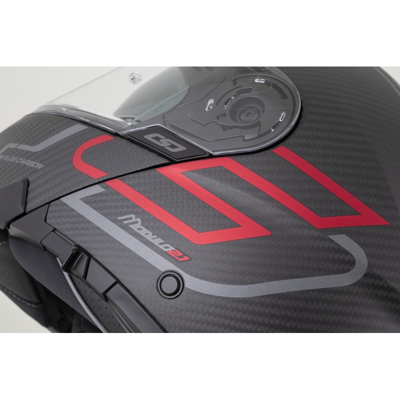 Casco de moto abatible Cassida Modulo 2.1 Plus Carbon BlackOut negro mate-rojo metalizado-plata reflectante-negro