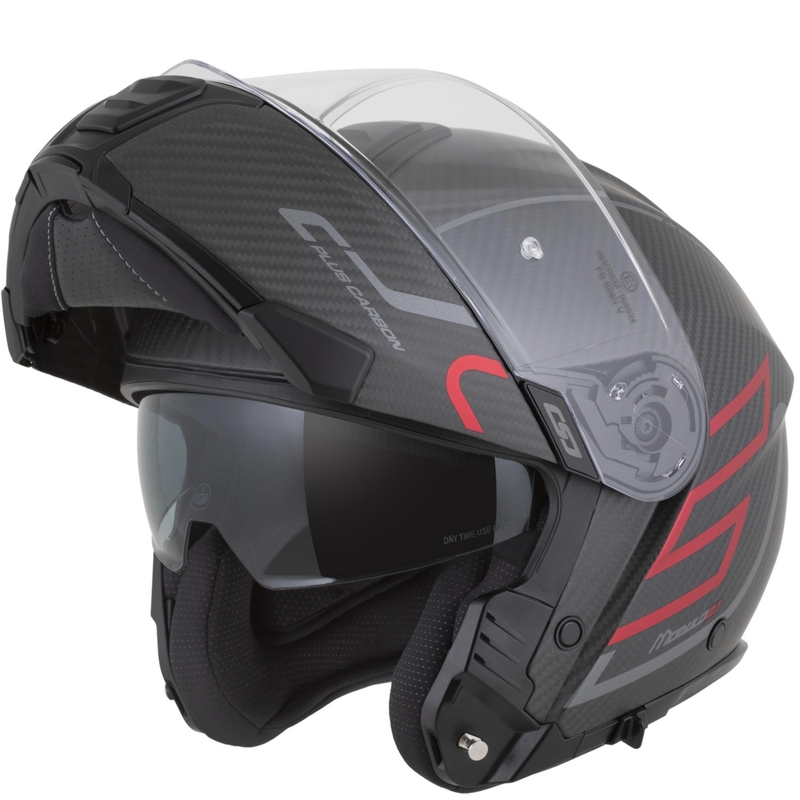 Casco de moto abatible Cassida Modulo 2.1 Plus Carbon BlackOut negro mate-rojo metalizado-plata reflectante-negro
