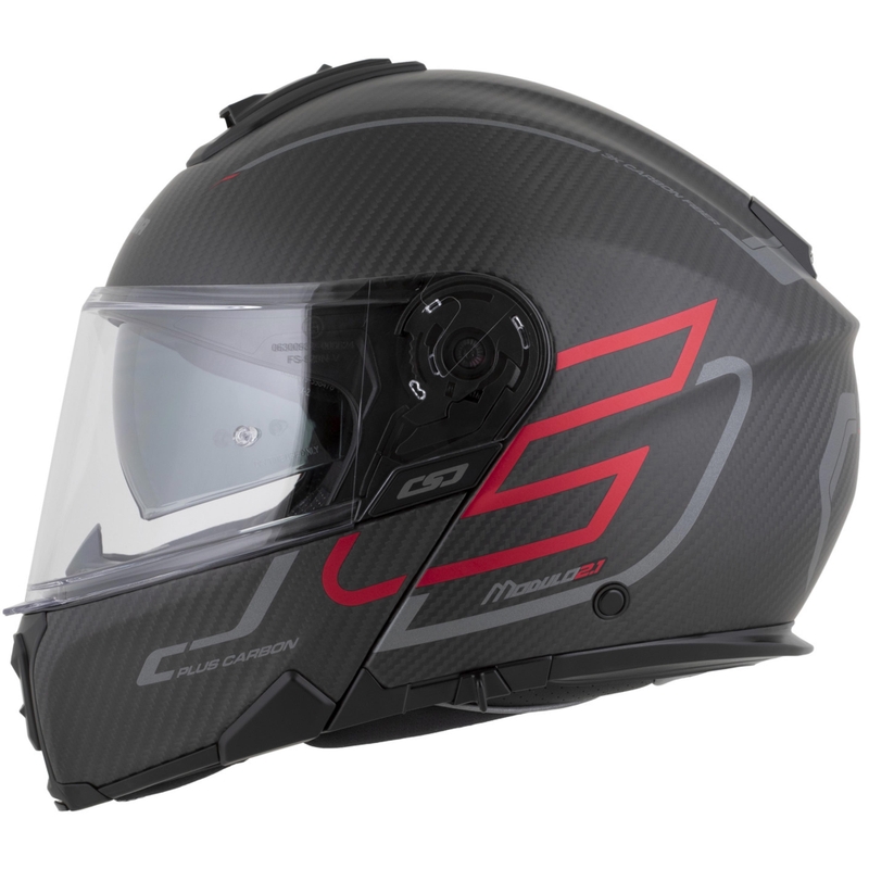 Casco de moto abatible Cassida Modulo 2.1 Plus Carbon BlackOut negro mate-rojo metalizado-plata reflectante-negro