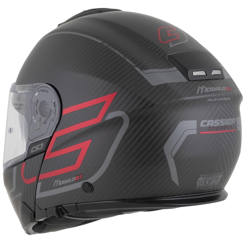 Casco de moto abatible Cassida Modulo 2.1 Plus Carbon BlackOut negro mate-rojo metalizado-plata reflectante-negro