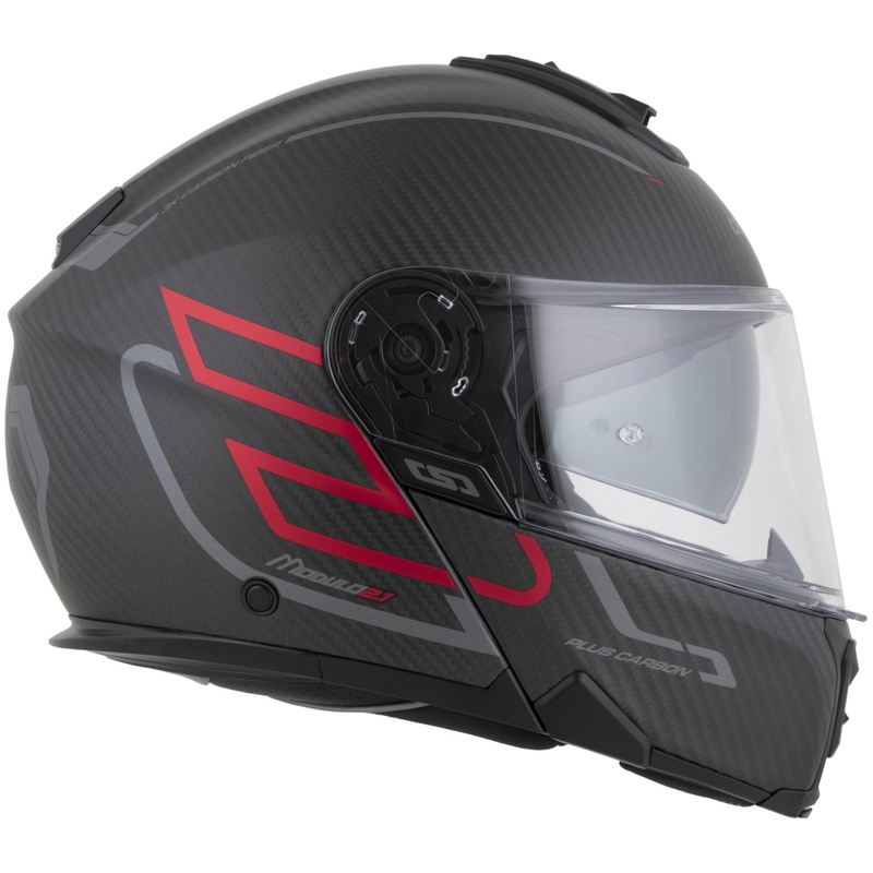 Casco de moto abatible Cassida Modulo 2.1 Plus Carbon BlackOut negro mate-rojo metalizado-plata reflectante-negro