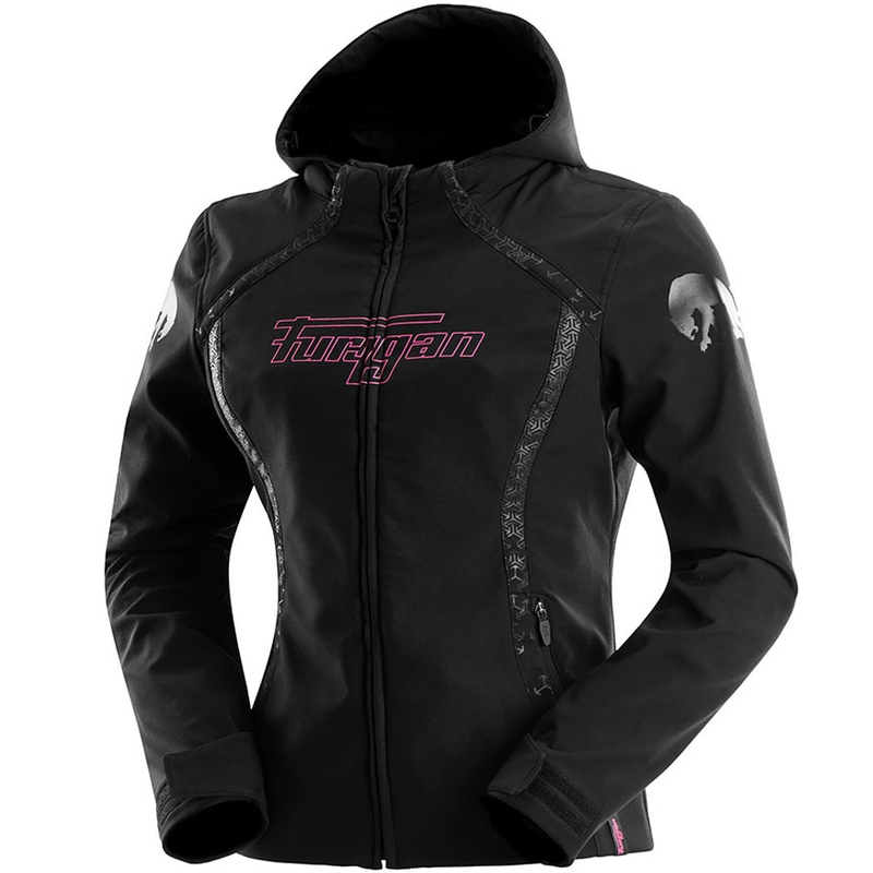 Chaqueta de moto Furygan Skye para mujer, color negro y rosa.