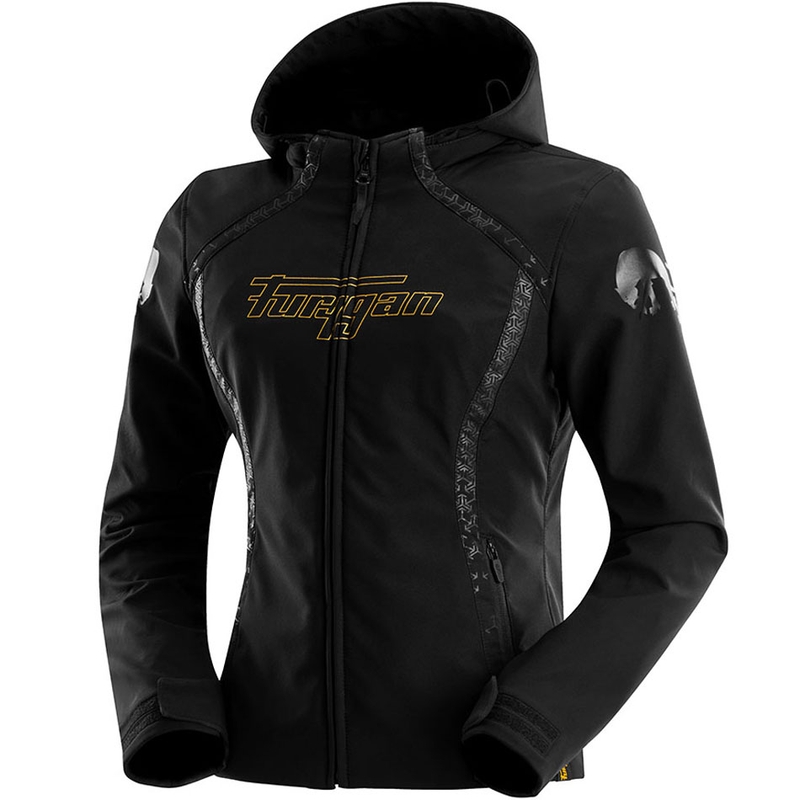 Chaqueta de moto Furygan Skye para mujer, color negro y dorado.