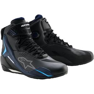 Botas de moto Alpinestars Faster-4 Drystar negras, azules y blancas.