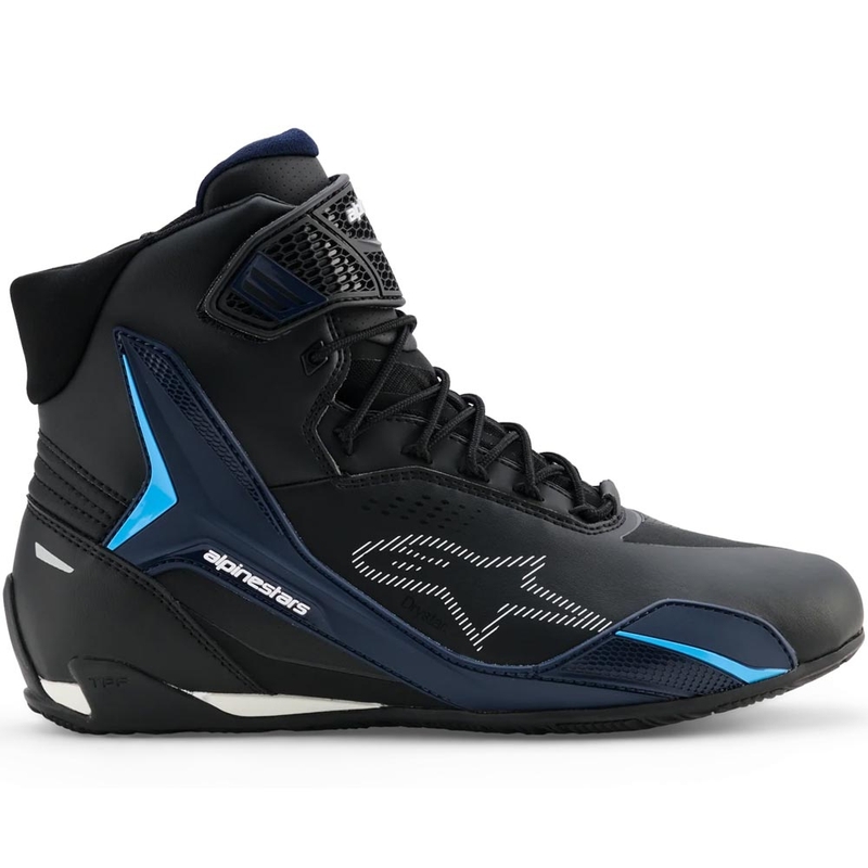 Botas de moto Alpinestars Faster-4 Drystar negras, azules y blancas.