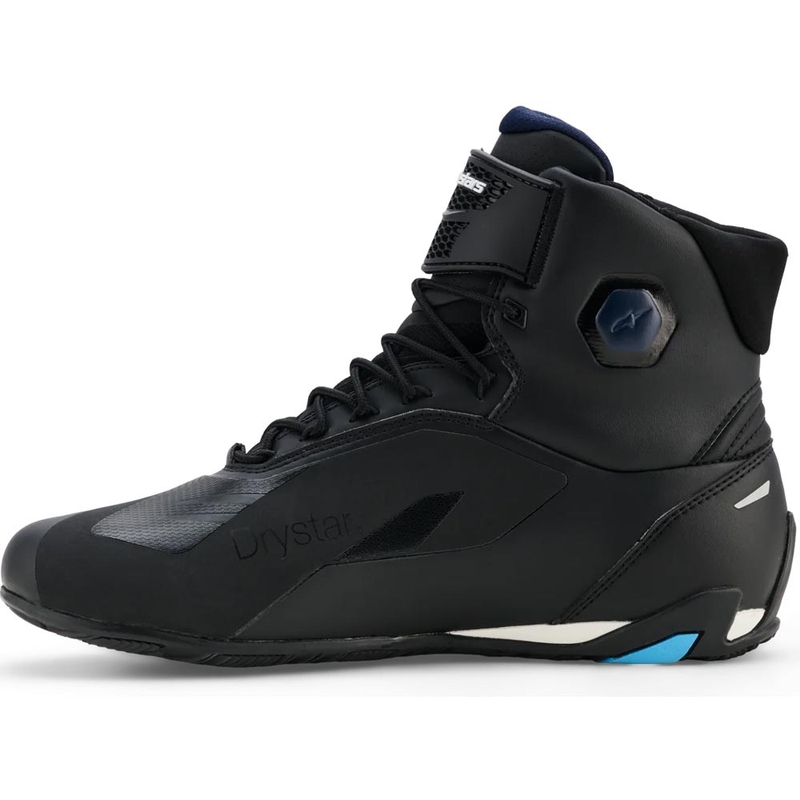 Botas de moto Alpinestars Faster-4 Drystar negras, azules y blancas.