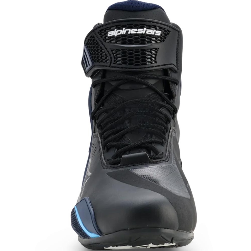 Botas de moto Alpinestars Faster-4 Drystar negras, azules y blancas.