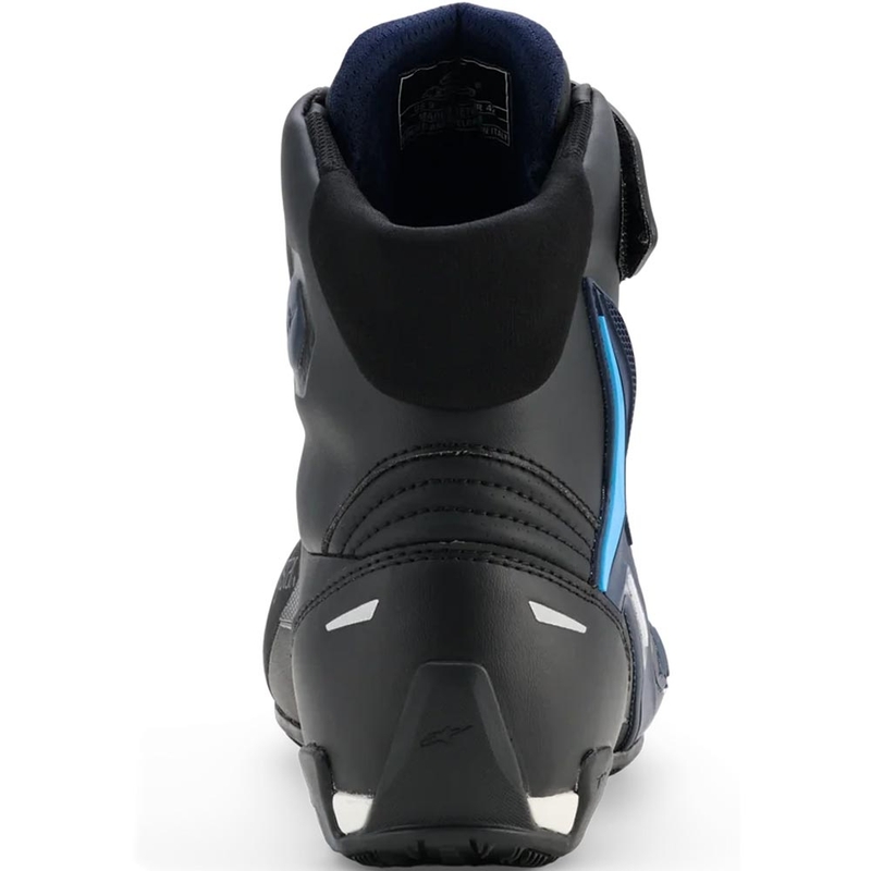 Botas de moto Alpinestars Faster-4 Drystar negras, azules y blancas.