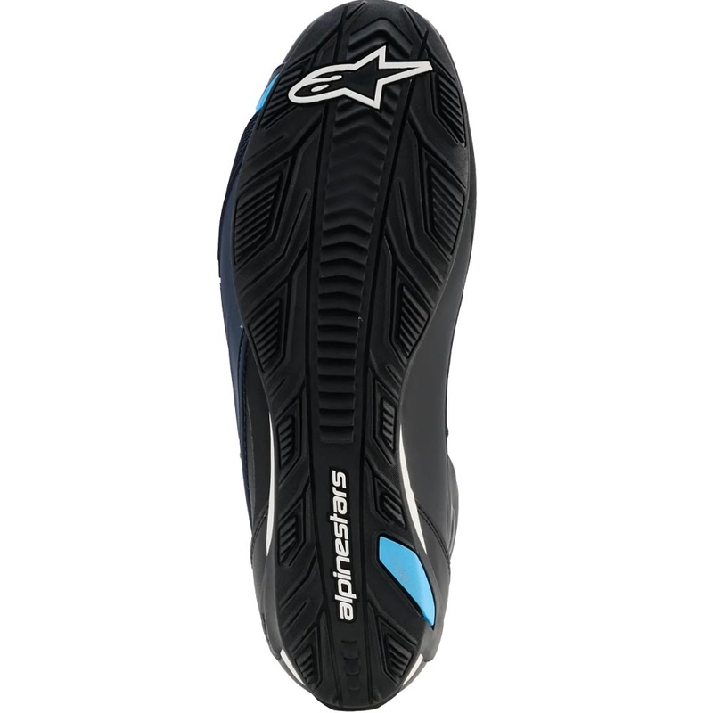 Botas de moto Alpinestars Faster-4 Drystar negras, azules y blancas.
