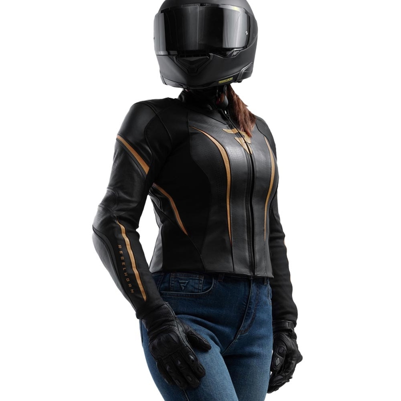 Chaqueta de moto de cuero para mujer Rebelhorn Diva ST negro-dorado