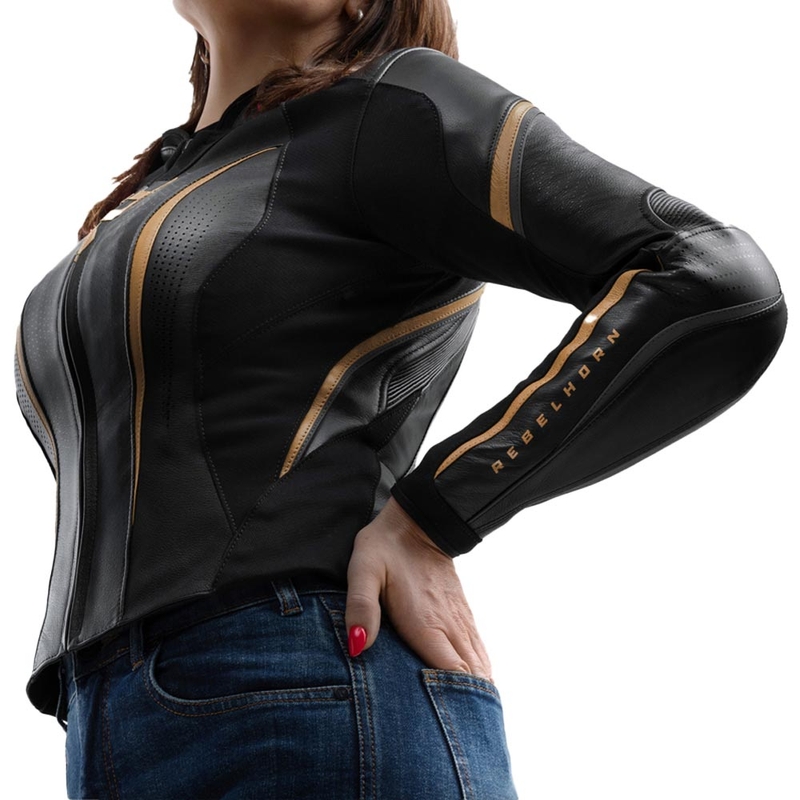 Chaqueta de moto de cuero para mujer Rebelhorn Diva ST negro-dorado