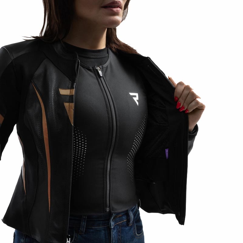 Chaqueta de moto de cuero para mujer Rebelhorn Diva ST negro-dorado