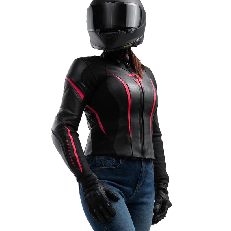 Chaqueta de moto de cuero para mujer Rebelhorn Diva ST negro-rosa
