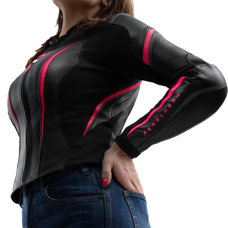 Chaqueta de moto de cuero para mujer Rebelhorn Diva ST negro-rosa