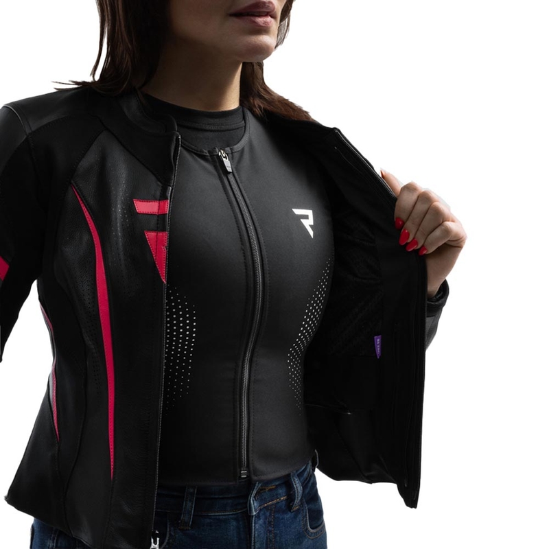 Chaqueta de moto de cuero para mujer Rebelhorn Diva ST negro-rosa