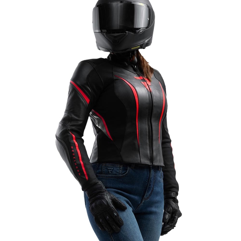 Chaqueta de moto de cuero para mujer Rebelhorn Diva ST negro-rojo-blanco