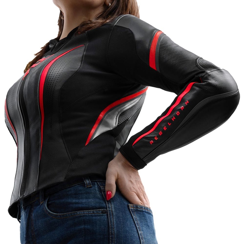 Chaqueta de moto de cuero para mujer Rebelhorn Diva ST negro-rojo-blanco