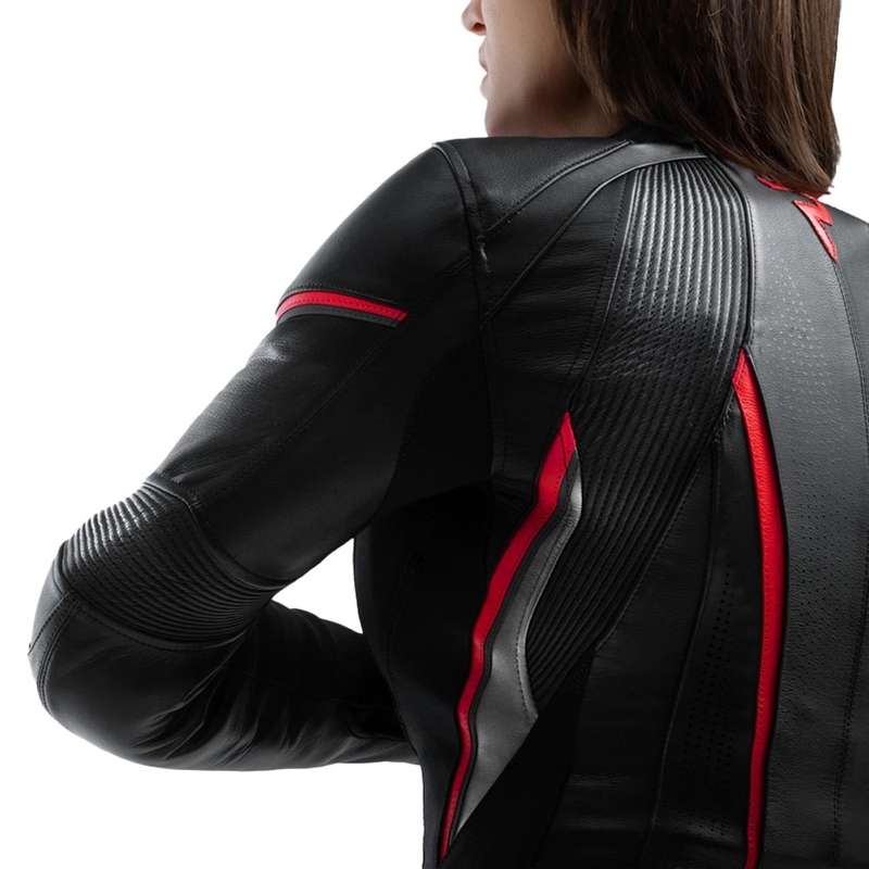 Chaqueta de moto de cuero para mujer Rebelhorn Diva ST negro-rojo-blanco