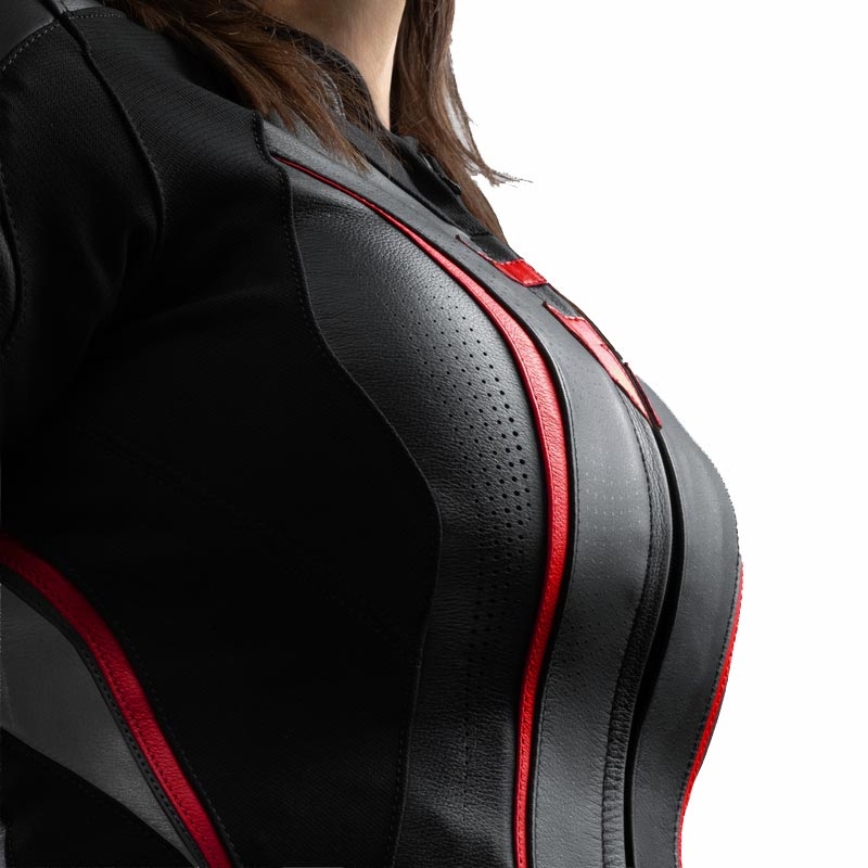 Chaqueta de moto de cuero para mujer Rebelhorn Diva ST negro-rojo-blanco