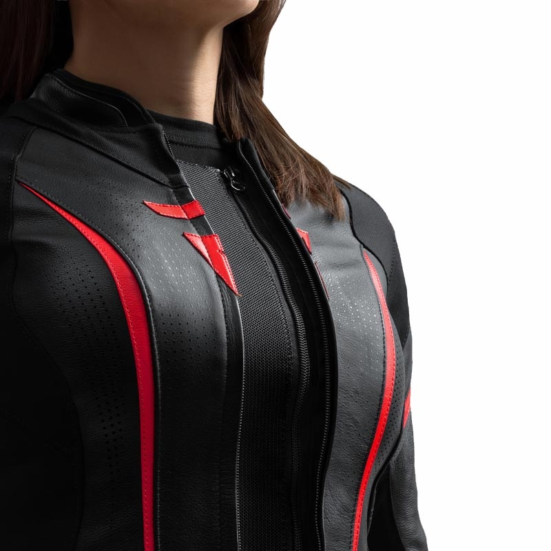 Chaqueta de moto de cuero para mujer Rebelhorn Diva ST negro-rojo-blanco