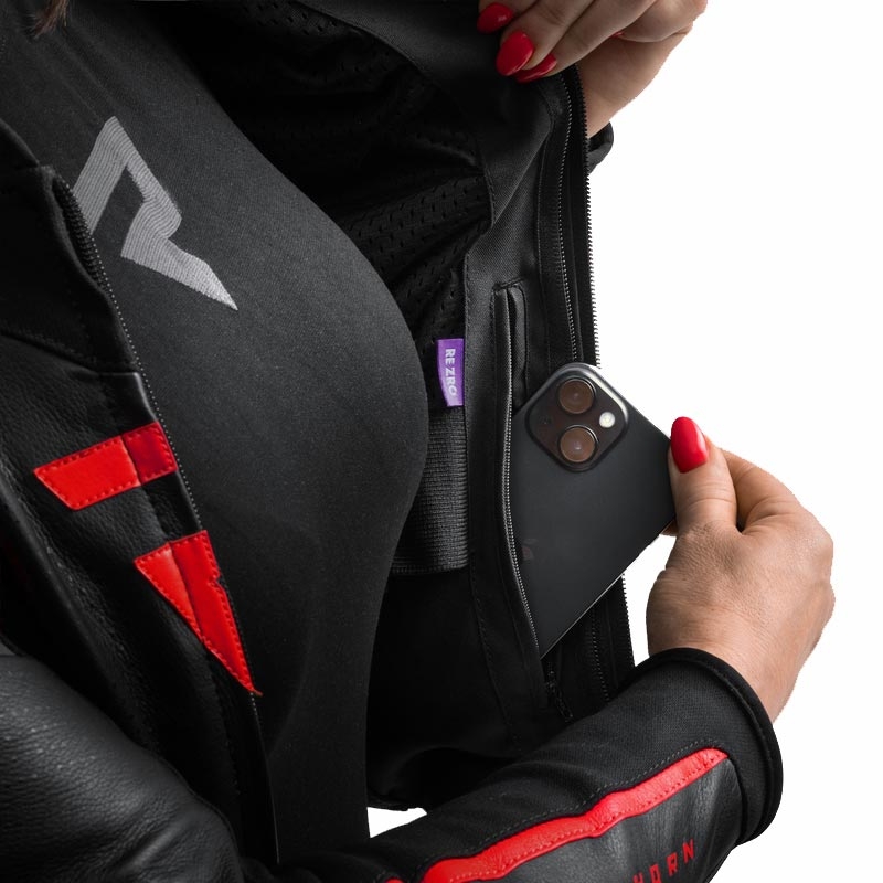 Chaqueta de moto de cuero para mujer Rebelhorn Diva ST negro-rojo-blanco