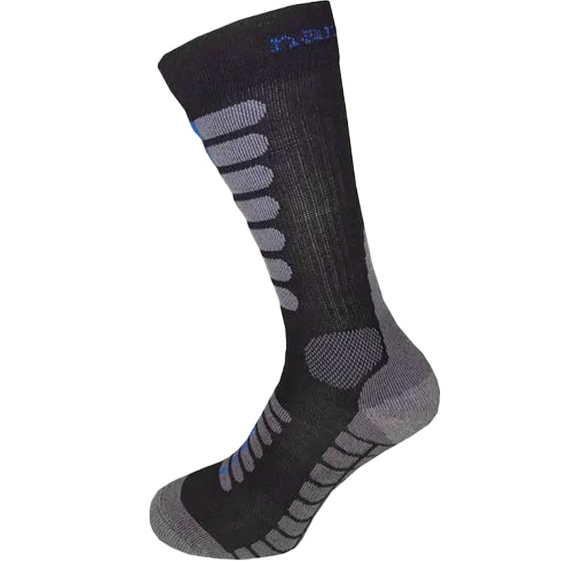 Calcetines altos Nanosilver Moto con detalles en plata, negro y azul.