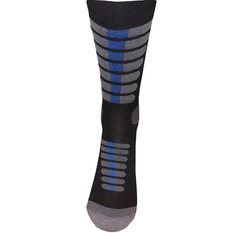 Calcetines altos Nanosilver Moto con detalles en plata, negro y azul.