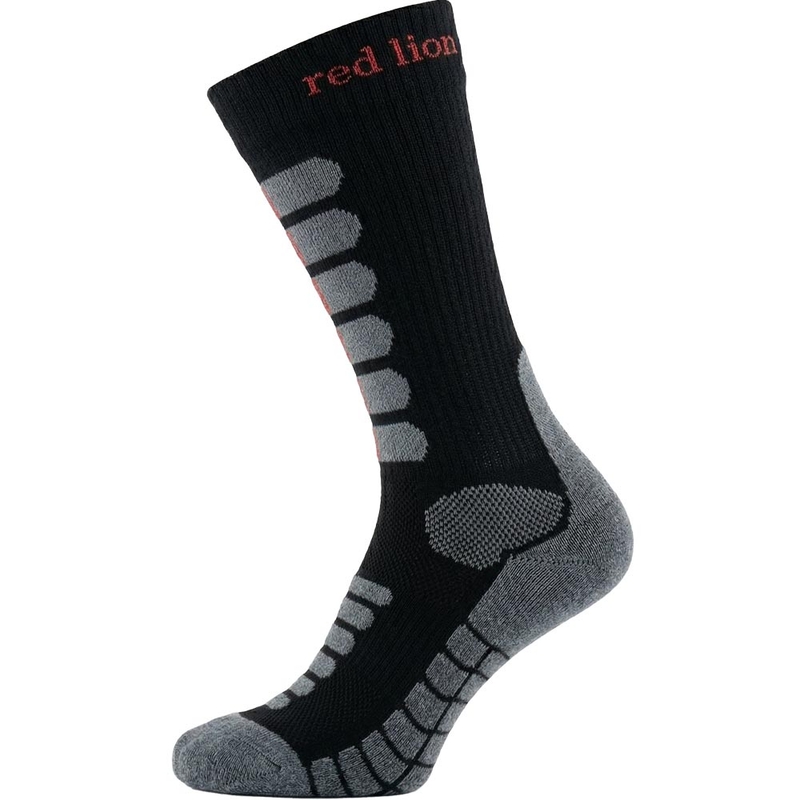 Calcetines altos Nanosilver Moto con detalles en plata, negro y rojo.