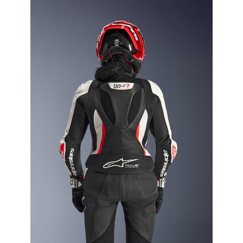 Traje de moto de dos piezas de cuero para mujer Alpinestars Stella GP-R7 negro-blanco-rojo flúor