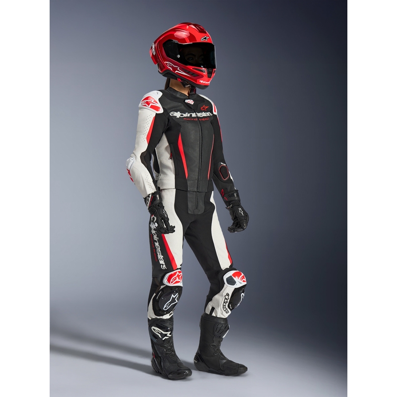 Traje de moto de dos piezas de cuero para mujer Alpinestars Stella GP-R7 negro-blanco-rojo flúor