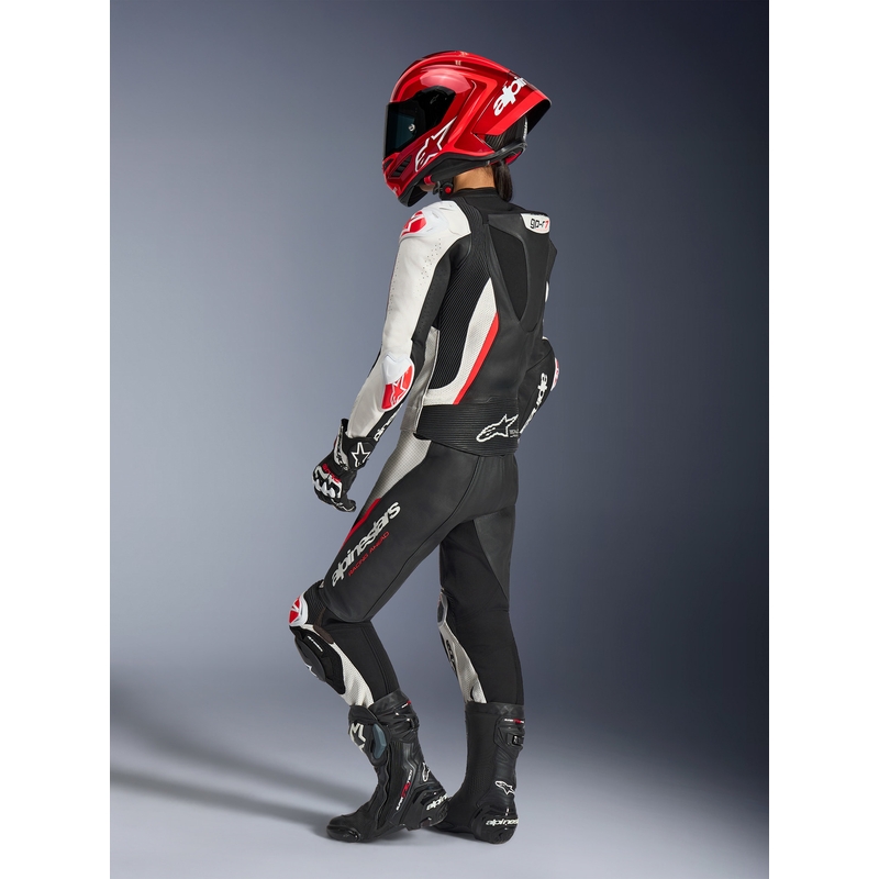 Traje de moto de dos piezas de cuero para mujer Alpinestars Stella GP-R7 negro-blanco-rojo flúor