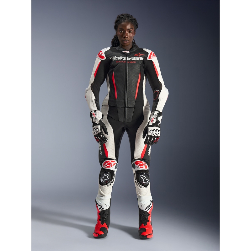 Traje de moto de dos piezas de cuero para mujer Alpinestars Stella GP-R7 negro-blanco-rojo flúor