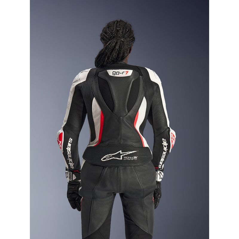 Traje de moto de dos piezas de cuero para mujer Alpinestars Stella GP-R7 negro-blanco-rojo flúor