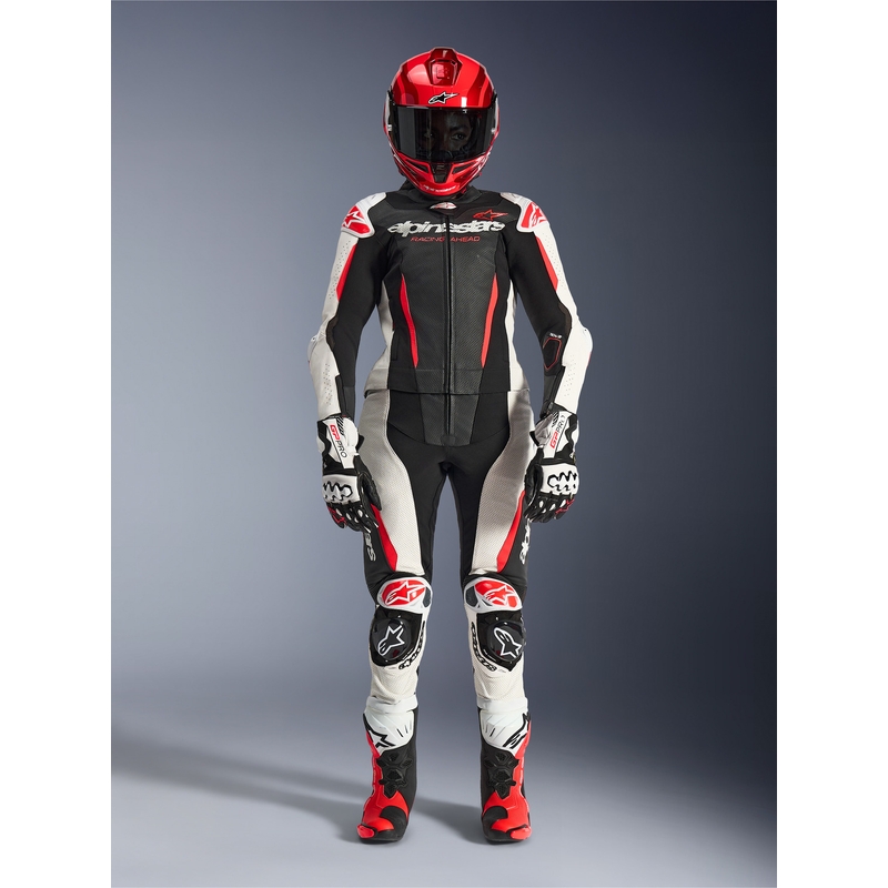 Traje de moto de dos piezas de cuero para mujer Alpinestars Stella GP-R7 negro-blanco-rojo flúor