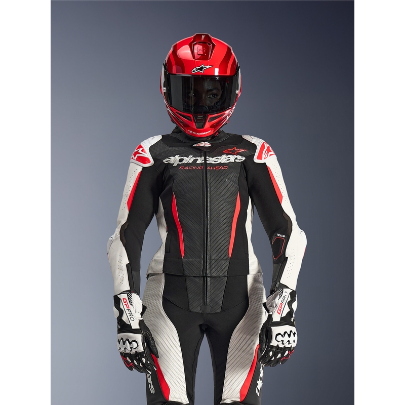 Traje de moto de dos piezas de cuero para mujer Alpinestars Stella GP-R7 negro-blanco-rojo flúor