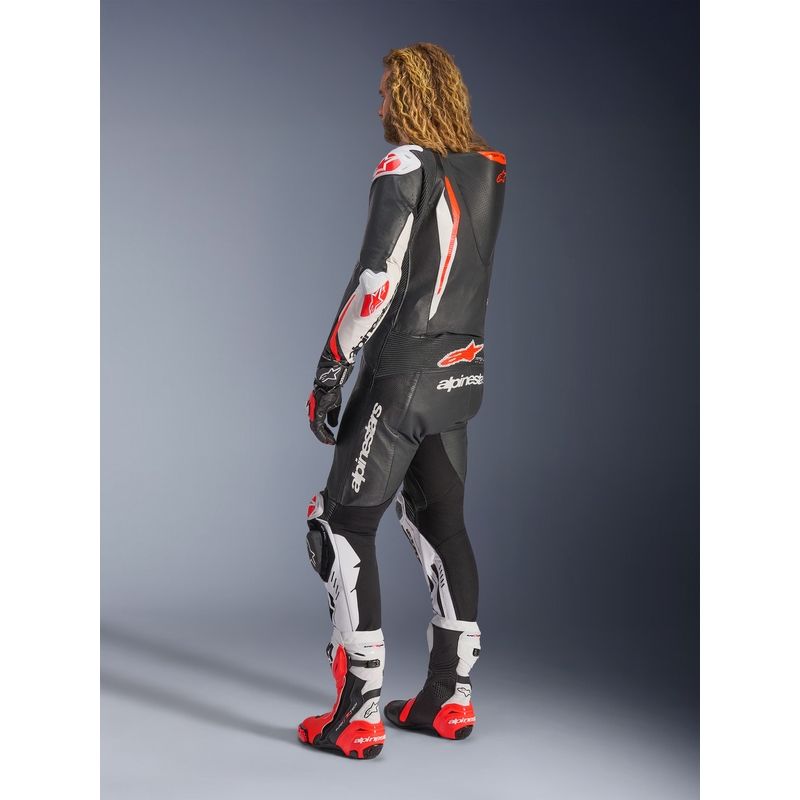 Mono de moto de cuero Alpinestars GP TECH V5 de una pieza, negro, blanco y rojo flúor.