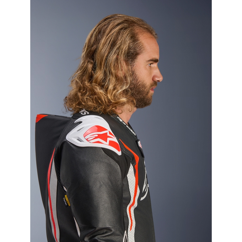 Mono de moto de cuero Alpinestars GP TECH V5 de una pieza, negro, blanco y rojo flúor.