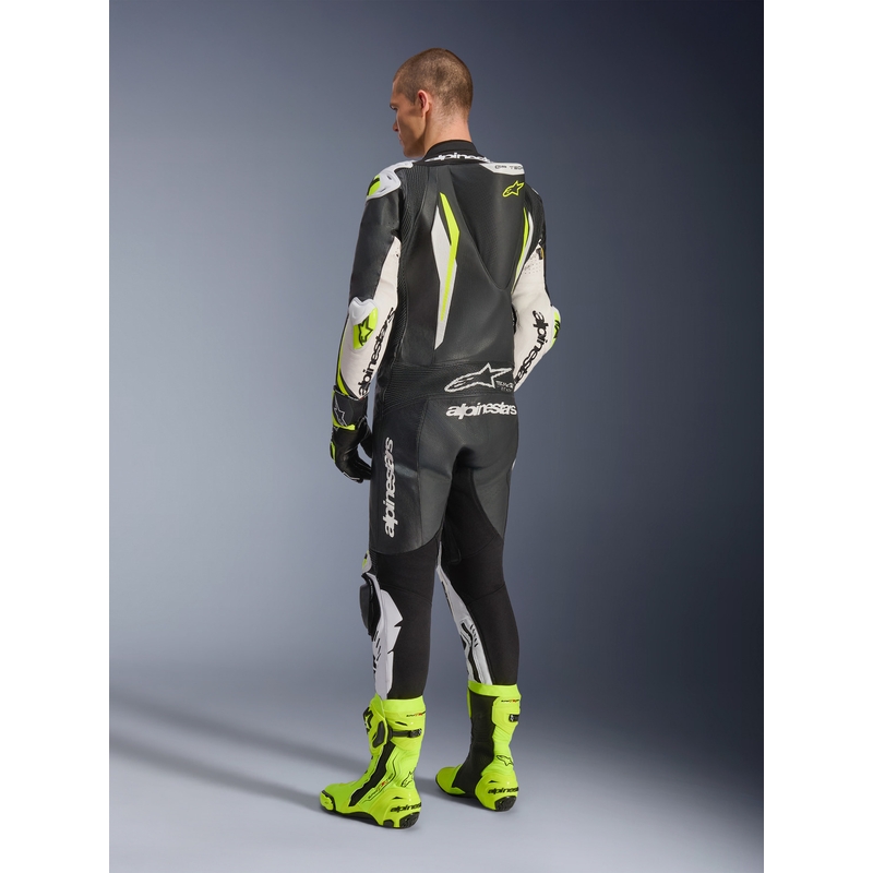 Mono de moto Alpinestars GP TECH V5 de una pieza, de cuero, color negro, blanco y amarillo flúor.
