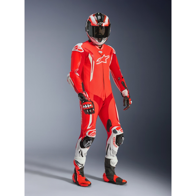 Mono de moto Alpinestars GP TECH V5 de una pieza, color rojo flúor, rojo y blanco.