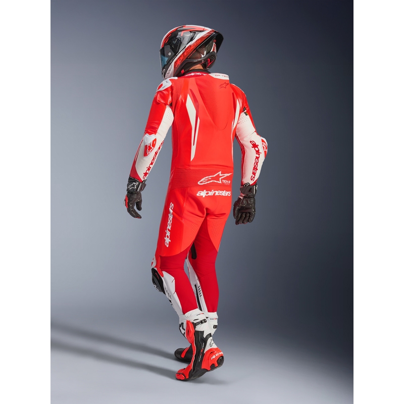 Mono de moto Alpinestars GP TECH V5 de una pieza, color rojo flúor, rojo y blanco.