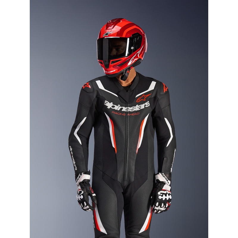 Mono de moto Alpinestars GP FORCE V2 de una pieza, negro, blanco y rojo flúor.