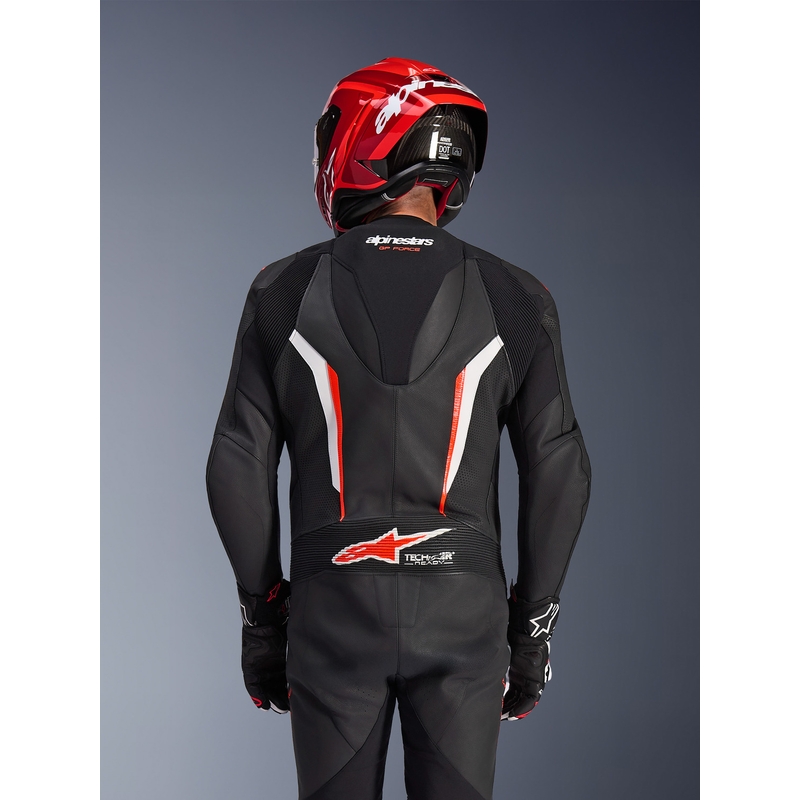 Mono de moto Alpinestars GP FORCE V2 de una pieza, negro, blanco y rojo flúor.