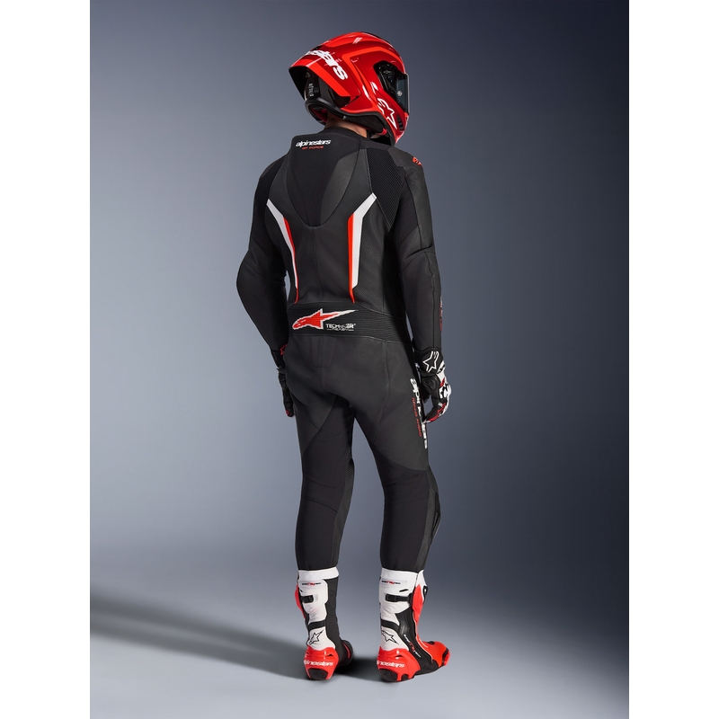 Mono de moto Alpinestars GP FORCE V2 de una pieza, negro, blanco y rojo flúor.