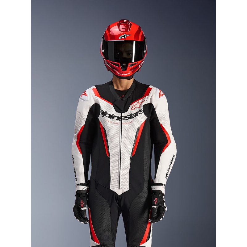 Mono de moto Alpinestars GP FORCE V2 de una pieza, blanco, negro y rojo flúor.